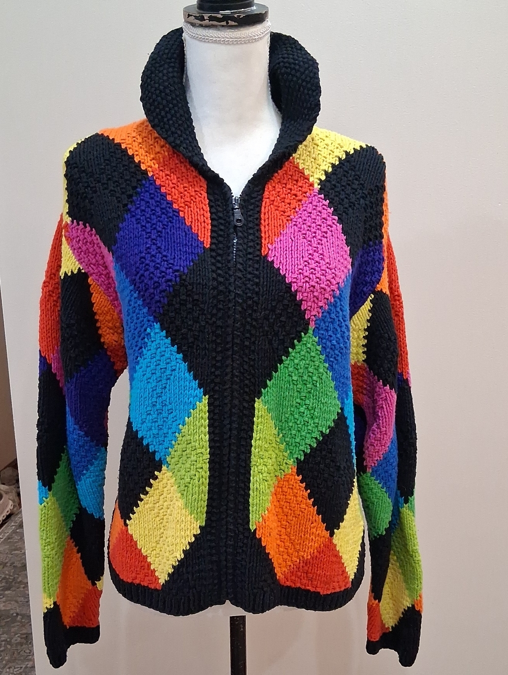 Vintage Marisa Christina Rainbow Diamond Patchwork Hand-Knit Zip Cardigan SizeXL